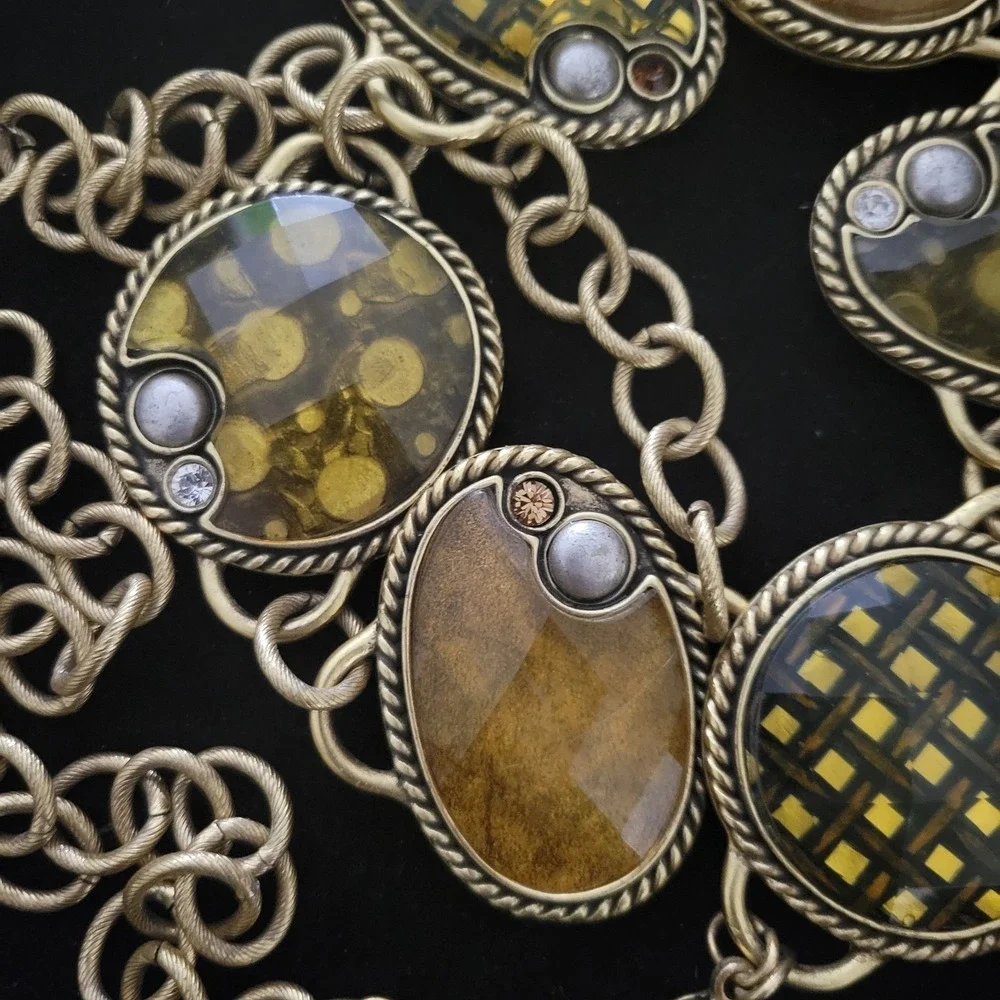 Chico's Vintage Brass Medallion Lucite Rhinestone Chain Belt 38